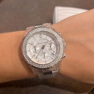 Michael Kors Oversized Clear Plastic Watch Silver with Pave